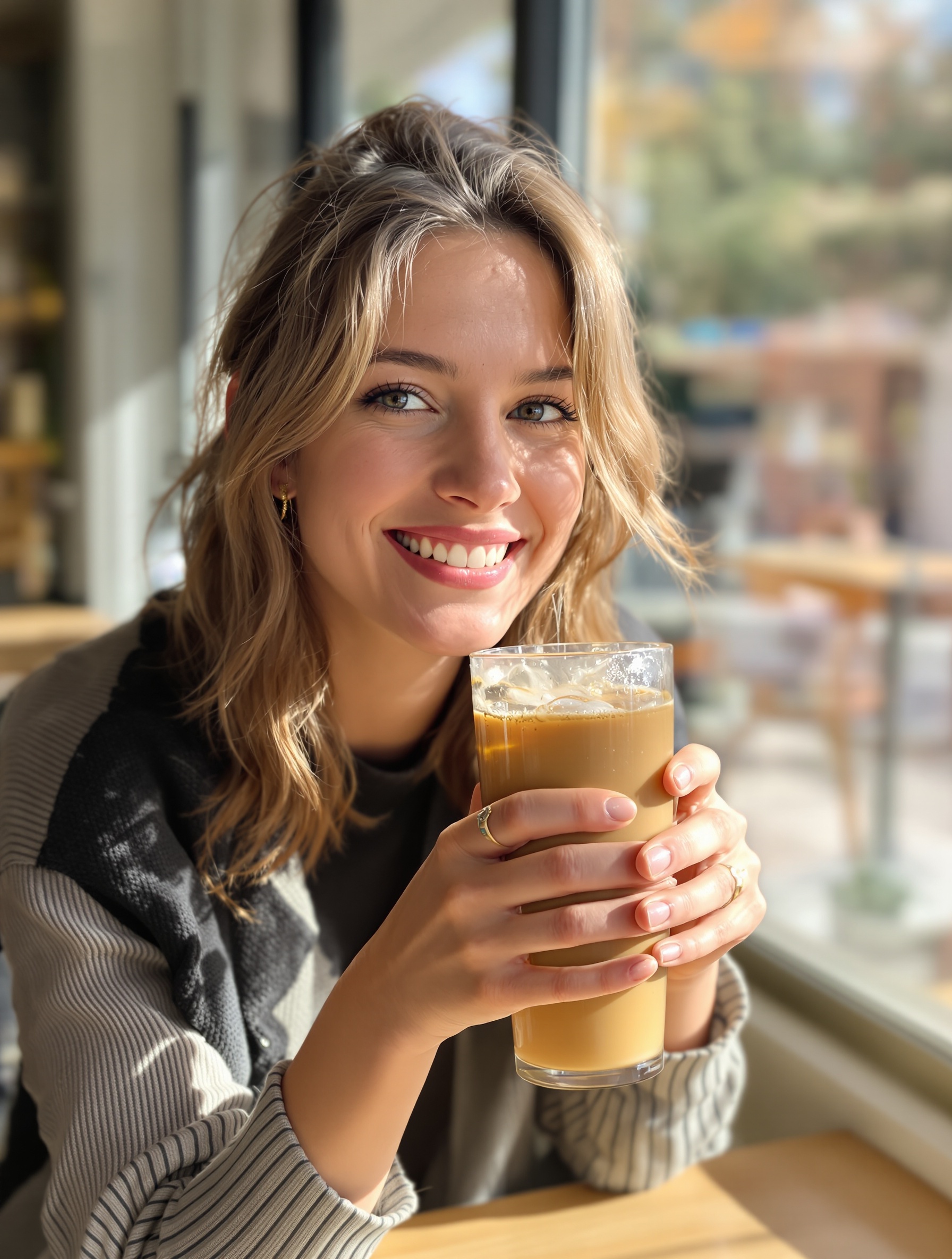 Smiling woman with iced coffee at a sunlit morning cafe